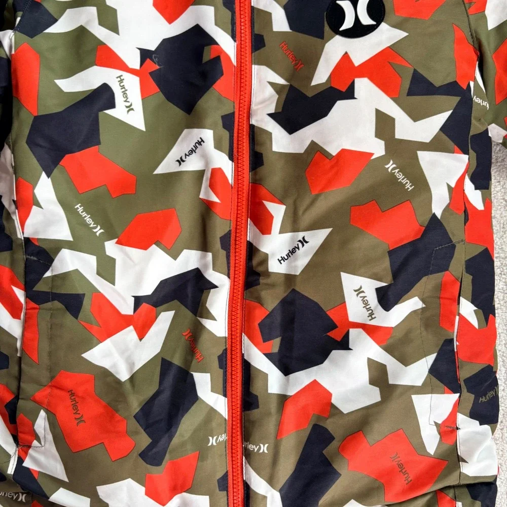 Hurley Puffer Jacket Camo Youth Hooded Boys Size M 10/12 Orange Green Black